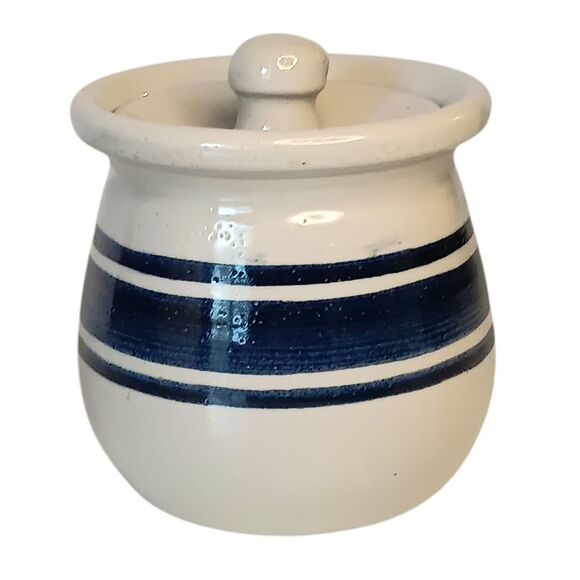 VTG  Casey Pottery Marshall TX Cream With Blue Stripe Crock Sugar Bowl W/ Lid 4” - Picture 2 of 9